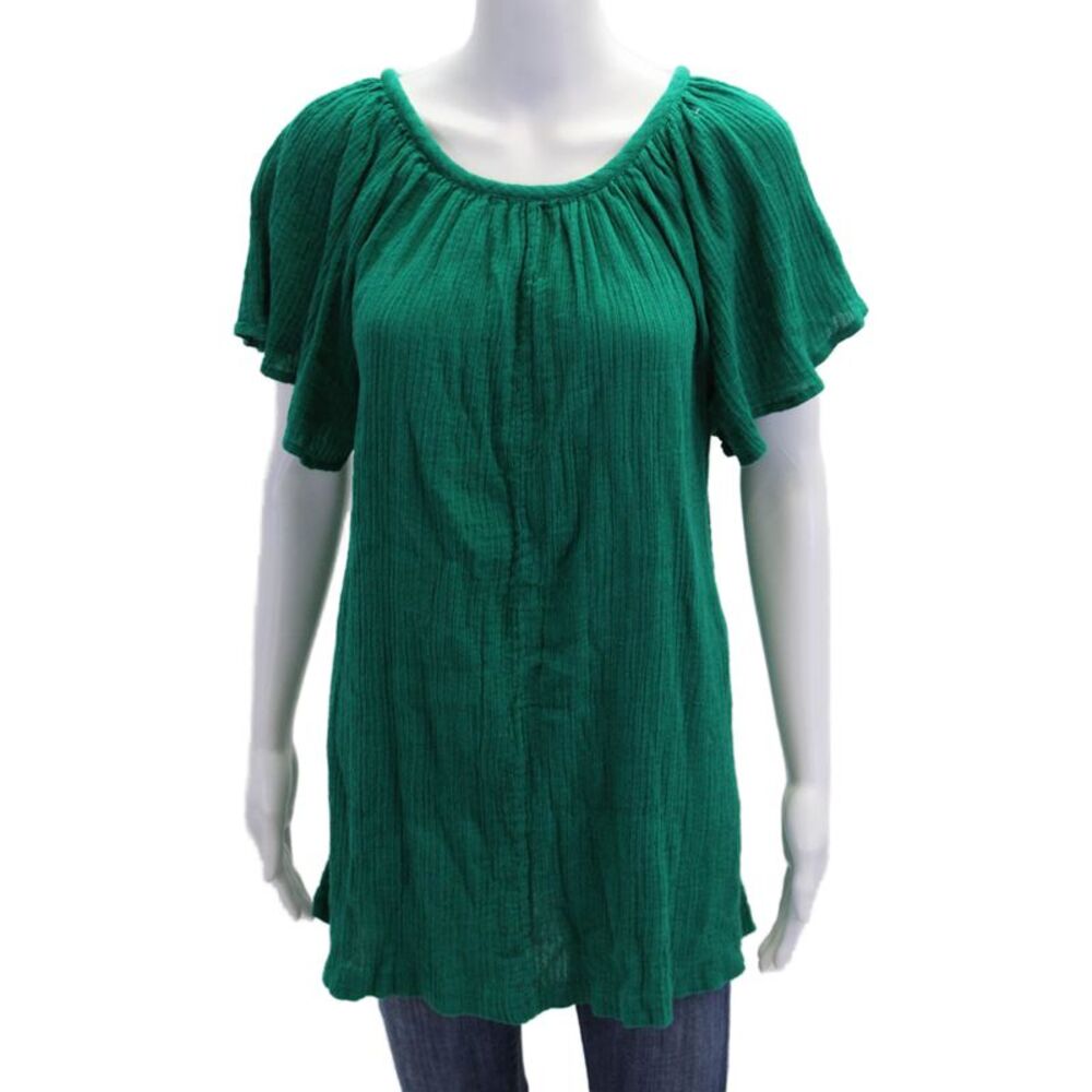 Designer Womens Textured Scoop Neck Short Sleeve Tunic Top Green Size S